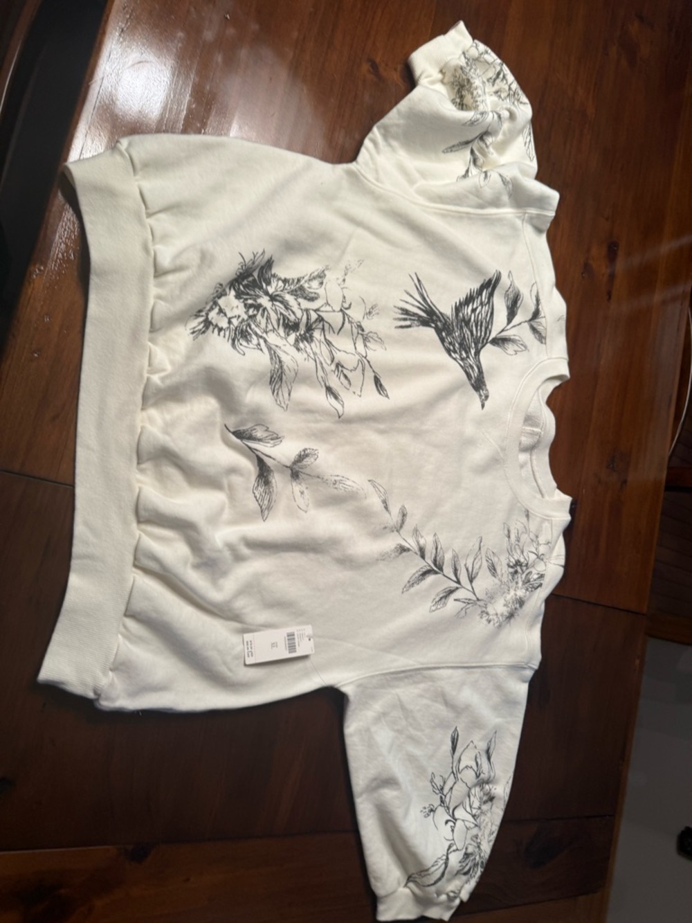 Cream Short Sleeve Sweatshirt with Black Botanical & Bird Print.